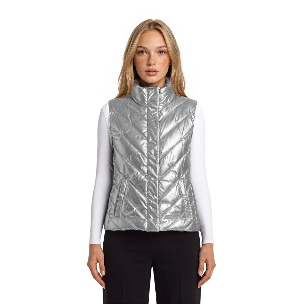 T by Talbots Puffer Vest Women's Size XL Silver Metallic Chevron Quilted - Picture 1 of 7